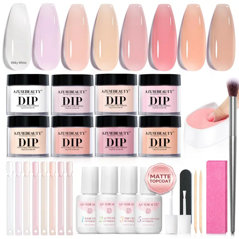 AZUREBEAUTY Kit Poudre Dip Ongles – 8 Couleurs, Fini Naturel et Mat, Sans Lampe
