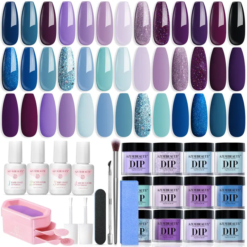 AZUREBEAUTY Kit Poudre Dip Starter – 31 pièces, 20 couleurs, plateau recyclage, base, activateur et vernis de finition – Manucure à domicile