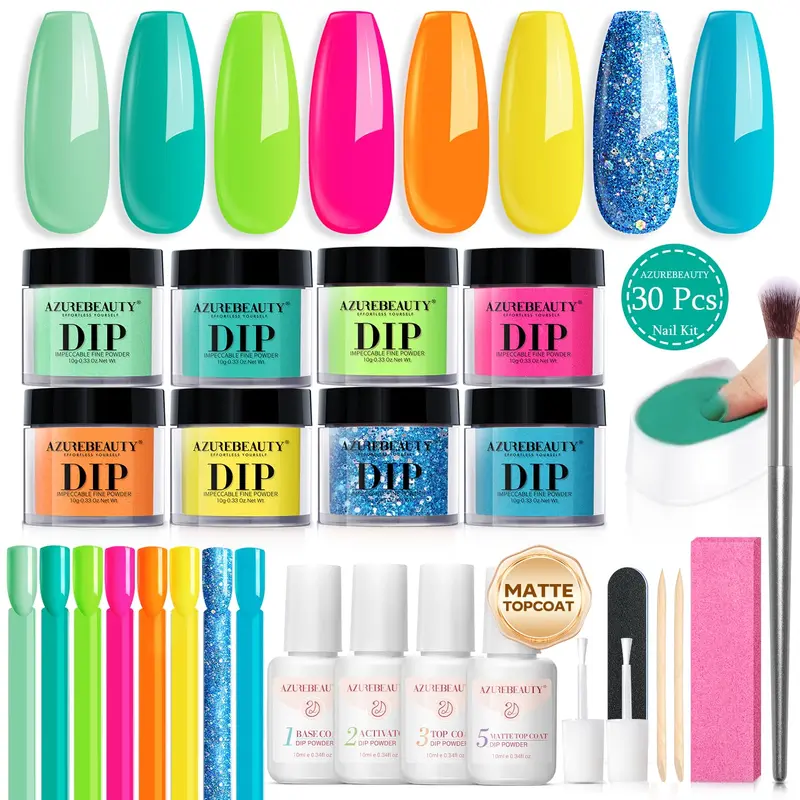 AZUREBEAUTY Kit Poudres Ongles – 8 couleurs pastel et néon, sans lampe, ensemble démarrage 30 pièces