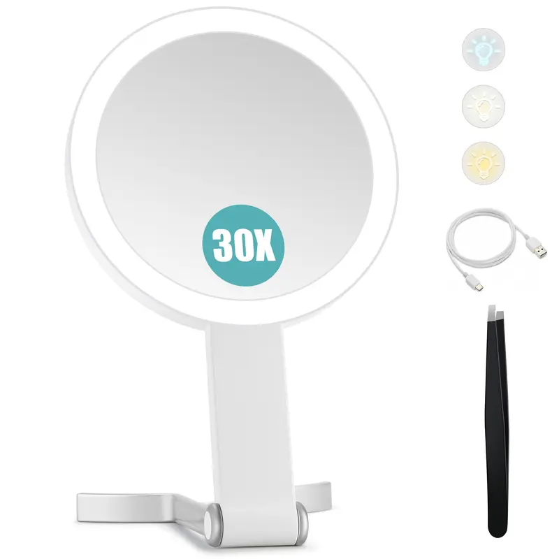 B Beauty Planet Miroir de Voyage 30x/1x avec Lumière – Rechargeable, 3 Couleurs, Pliable