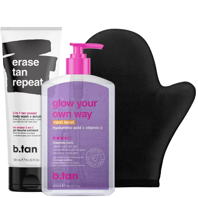 B.TAN Gel Autobronzantclair – Kit Exfoliant et Gel, Rapide en 1 heure, Teinte Ultra Foncé, Résistant au Transfert