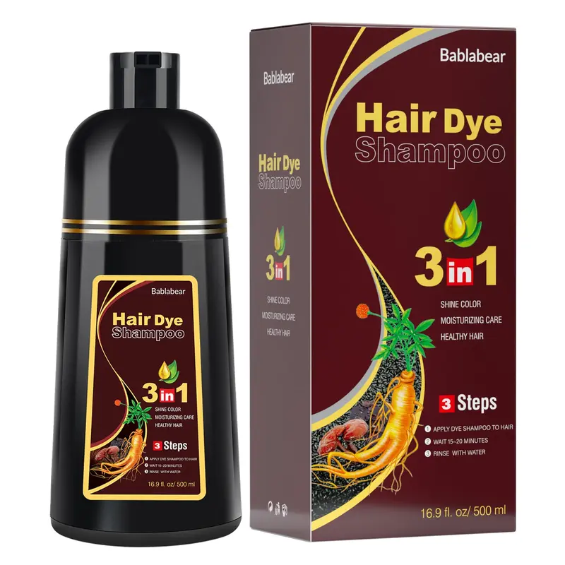Bablabear Shampoing Coloration Brun Foncé pour Cheveux Gris – 3 en 1, 500 ml