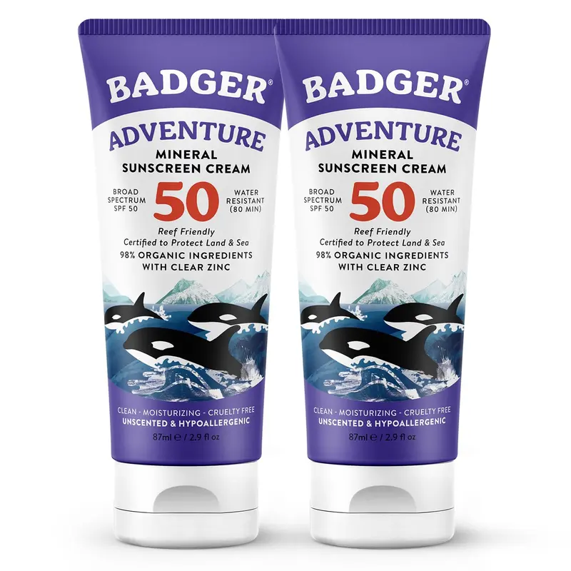 Badger Crème Solaire Biodégradable SPF50 – Oxyde de Zinc Sans Parfum, 2 x 2,9 oz, 98% Ingrédients Biologiques