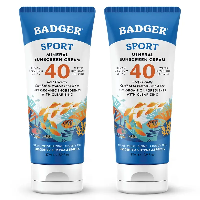 Badger Crème Solaire Minérale Reef Safe SPF 40 Sans Parfum – Lot de 2, 2,9 fl oz, Zinc, 98% Bio
