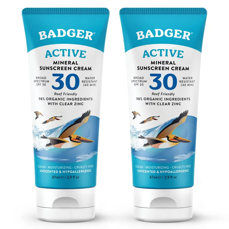 Badger Crème Solaire Minérale SPF 30 – oxyde de zinc, 98% bio, sans parfum, respectueuse des récifs, résiste à l’eau, voyage, lot 2 × 2,9 fl oz