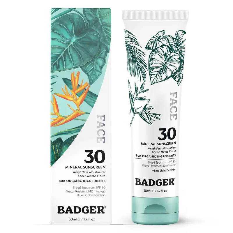 Badger Crème Solaire Visage Minérale SPF 30 – Finition Matte, Sans Trace Blanche, Vegan & Résistante à l'Eau, Sans Parfum – 1,7 oz