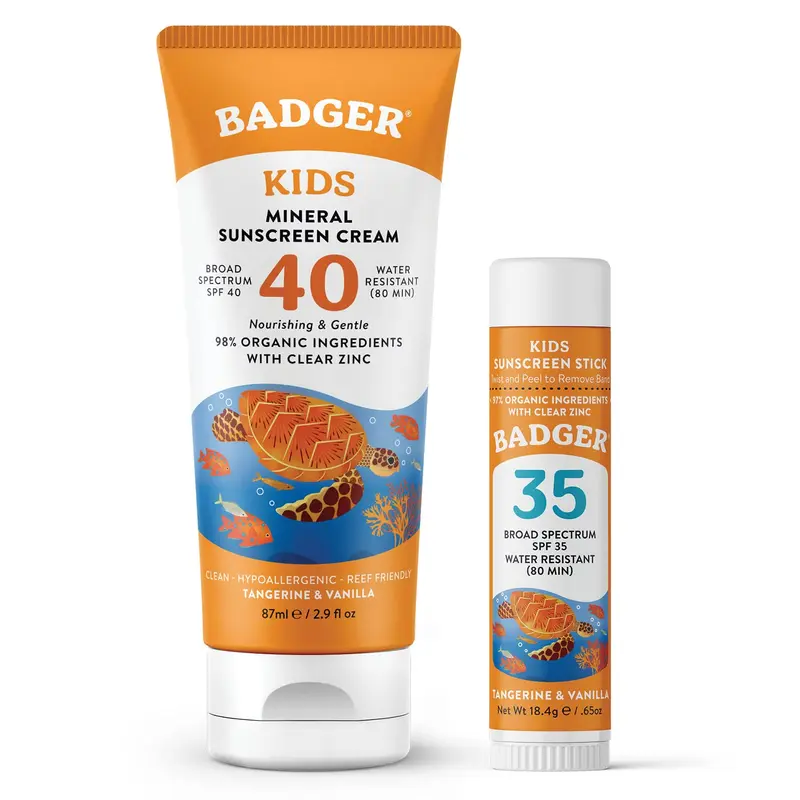 Badger Kids – Crème solaire minérale SPF40 + Stick visage SPF35, 97% bio, parfum mandarine vanille
