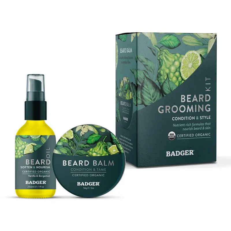 Badger Kit Soin Barbe Biologique — Huile Barbe + Baume Barbe, Senteur Subtile, 2 Pièces