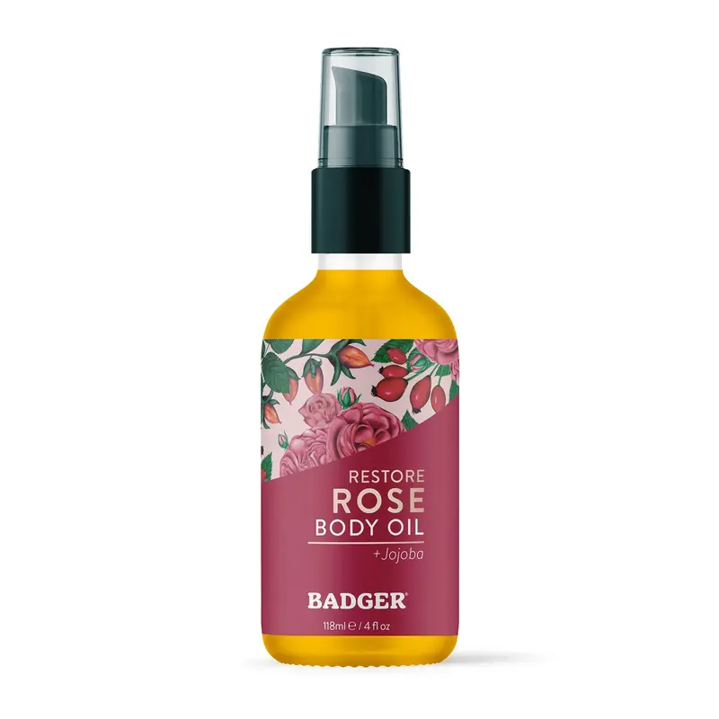 Badger Rose Body Oil – Huile pour le corps bio à la rose, flacon en verre