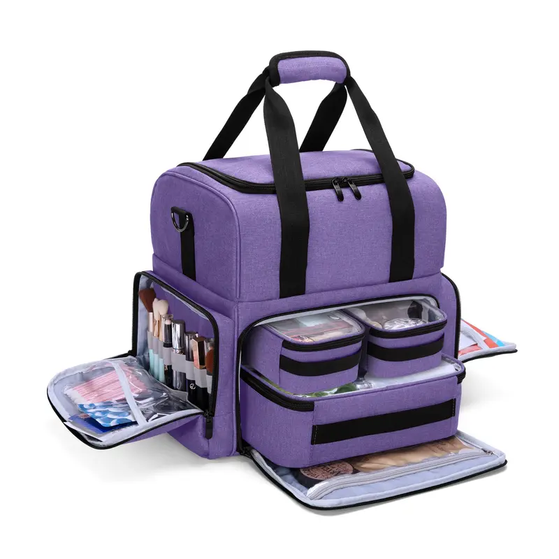 BAFASO Sac Maquillage Voyage 2 Couches – 3 Pochettes Amovibles, Diviseurs Détachables (Breveté), Violet
