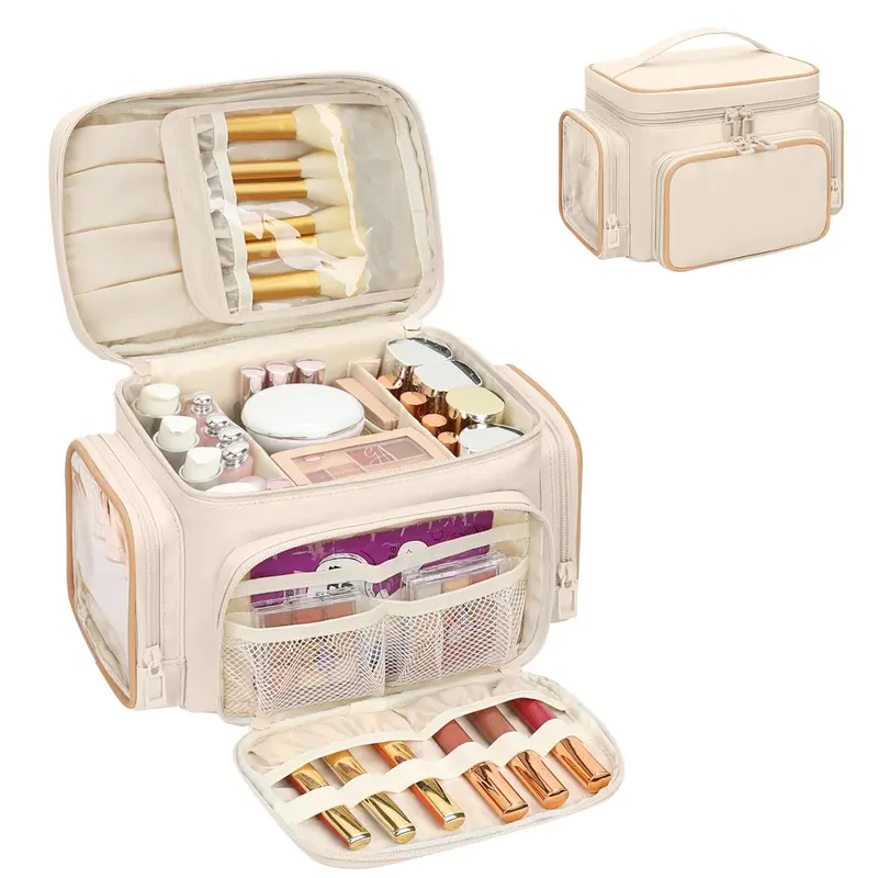 Bagmoly Grand Sac Maquillage – Trousse de Voyage Portable avec Compartiment Pinceaux et Poches Latérales – Blanc