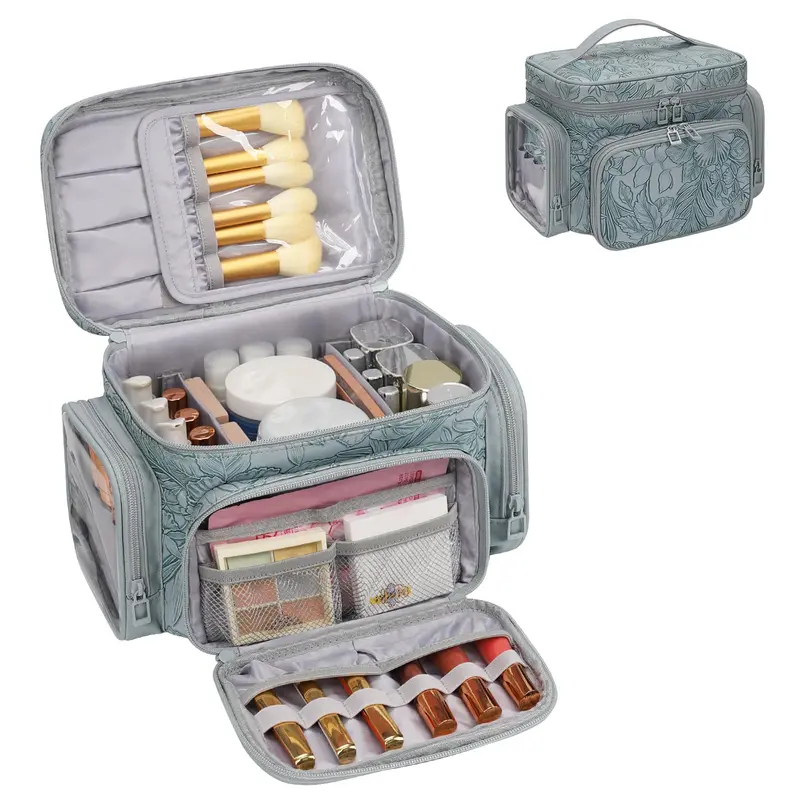 Bagmoly Grand Vanity – Trousse de Maquillage Portable et Organiseur de Voyage – Bleu Floral