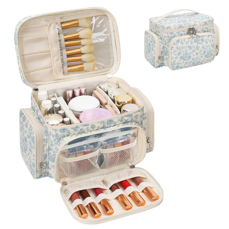 Bagmoly Grande Trousse de Maquillage en Coton – Trousse Florale avec Compartiment Pinceaux et Poches Latérales, Voyage