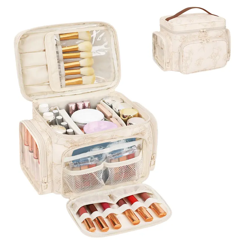 Bagmoly Trousse de Maquillage Grande - Organiseur Portable de Voyage Beige