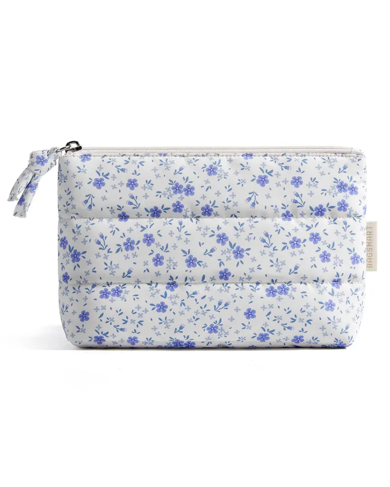 BAGSMART Petite Trousse Maquillage Puffy – Étanche et Portable, Bleu Imprimé Fleuri