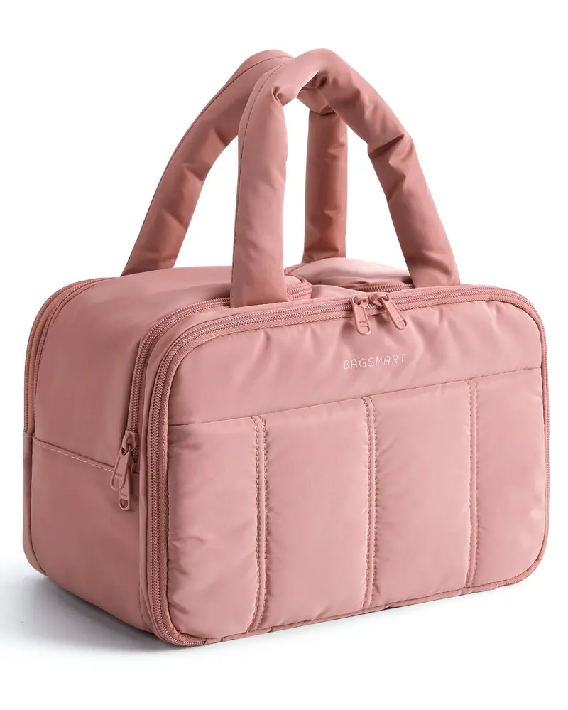 BAGSMART Sac de toilette de voyage – Grand sac puffy pour femmes, léger, avec poignée (Rose Foncé)