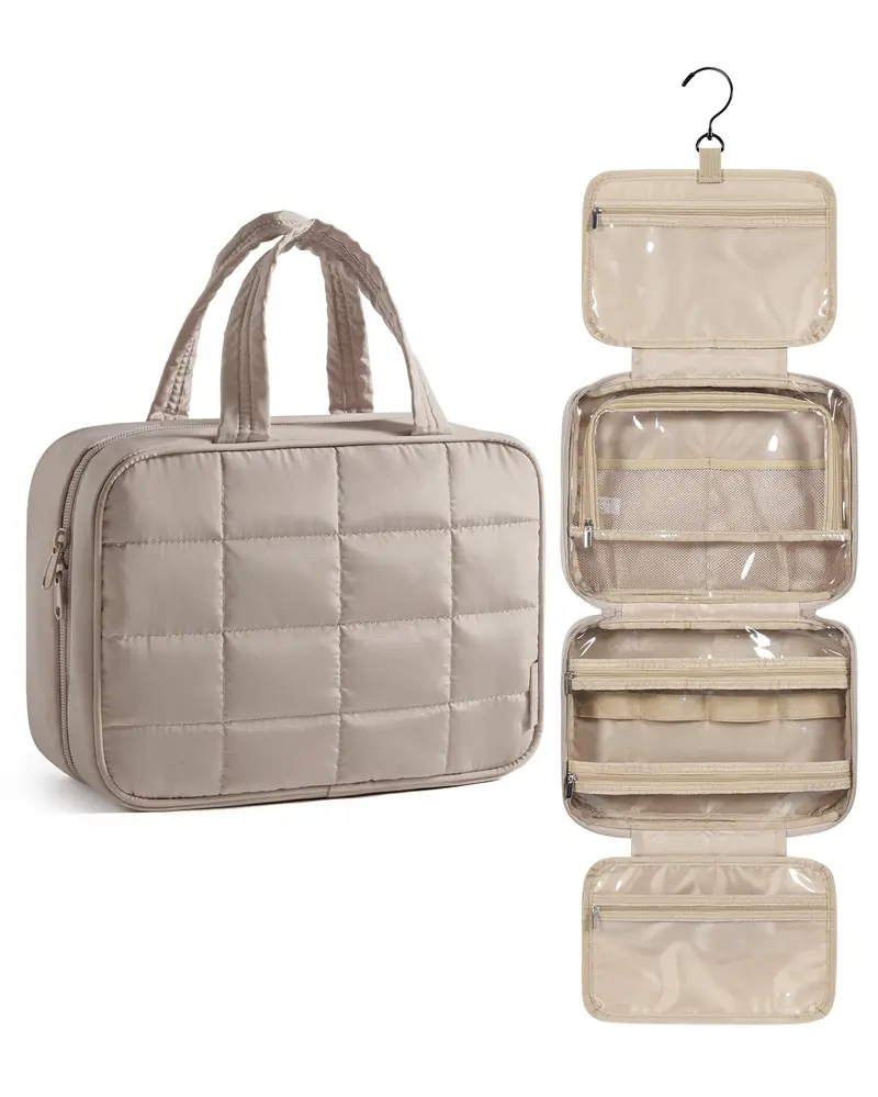 BAGSMART Sac de toilette de voyage pour femmes – Sac suspendu Puffy, Organisateur maquillage, Camel
