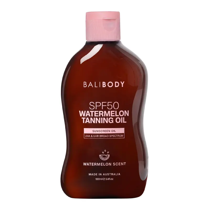 BALI BODY Watermelon – Huile bronzante SPF50 pour peau foncée, absorption rapide, texture non grasse, hydratante, format voyage, végan et sans cruauté, fabriqué en Australie (100 ml)