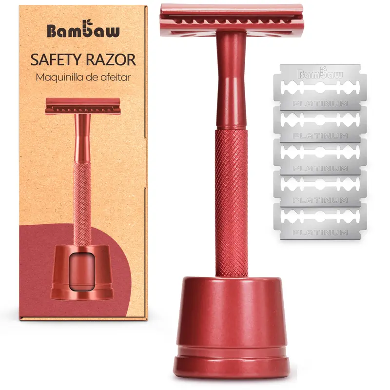 Bambaw Rasoir de sécurité à double tranchant avec support – Rouge, livré avec 5 lames