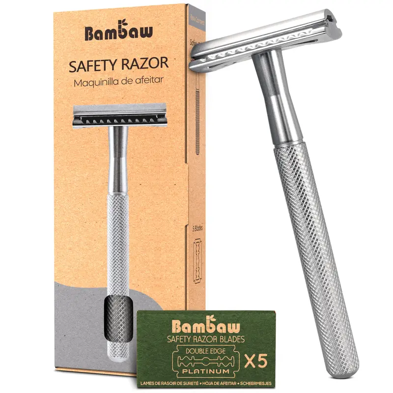 Bambaw Rasoir de sécurité à double tranche – métal, 5 lames incluses, éco-responsable