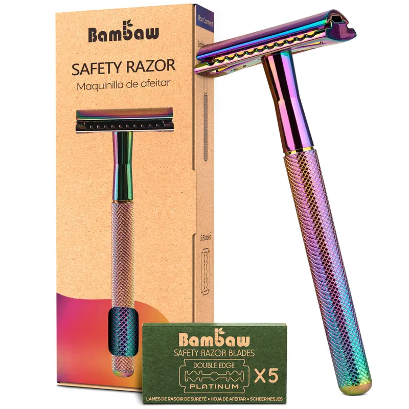 Bambaw Rasoir de sécurité double‑tranchant – 5 lames incluses – Réutilisable – Sans plastique – Arc‑en‑Ciel