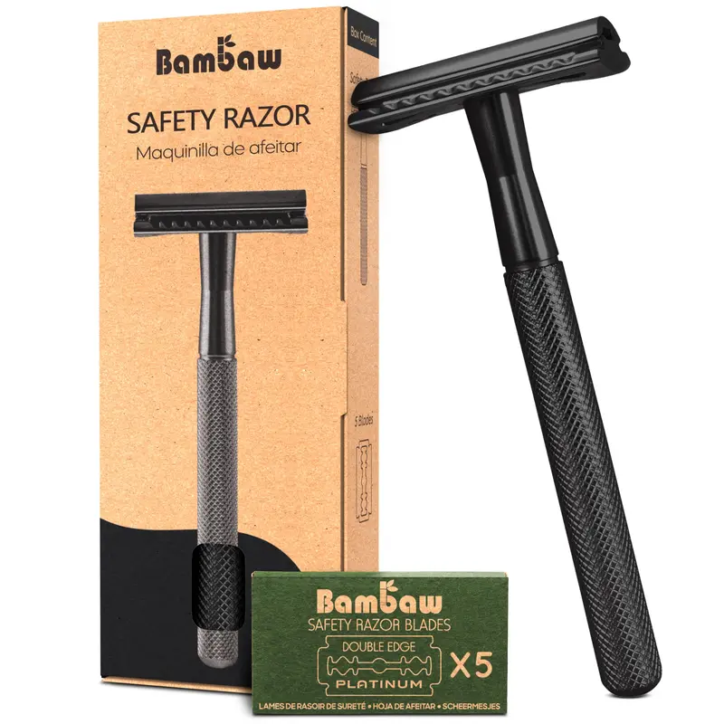 Bambaw Rasoir de sûreté pour homme – double tranchant, 5 lames incluses, zéro déchet, noir