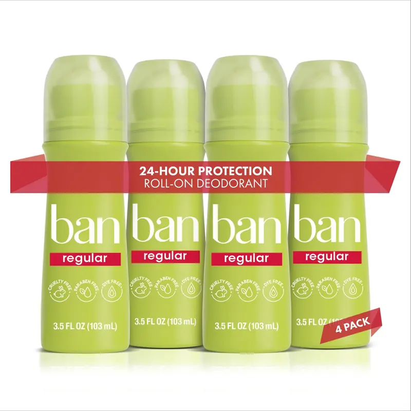 Ban Désodorisant Roll-On Invisible – Protection 24h, Parfum Classique, pour femmes et hommes, Lot de 4 × 3,5 oz (100 ml)