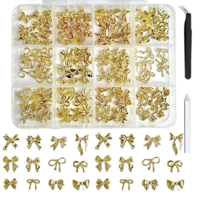 BANA ART – 120 charms dorés en nœud papillon pour ongles (3D, alliage)