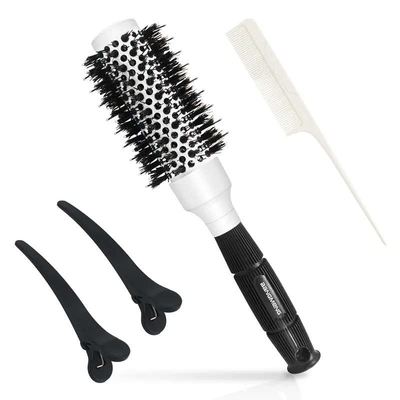 BangMENG Brosse Ronde Pour Sèche-Cheveux – Nano Céramique Ionique, Poils de Sanglier, Barillet 1,3 pouce – 2 Pinces et Peigne Inclus