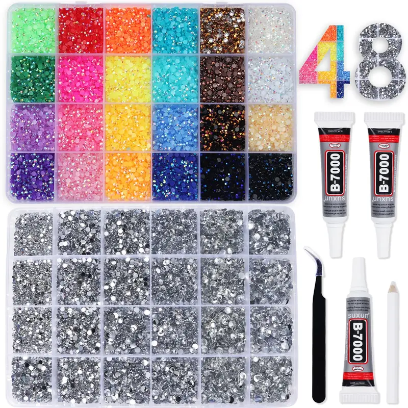 BAOYAALIN | 2 boîtes de rhinestones pour personnalisation – Multicolore 3mm et Argent transparent 2–6mm + Colles B7000 10 ml