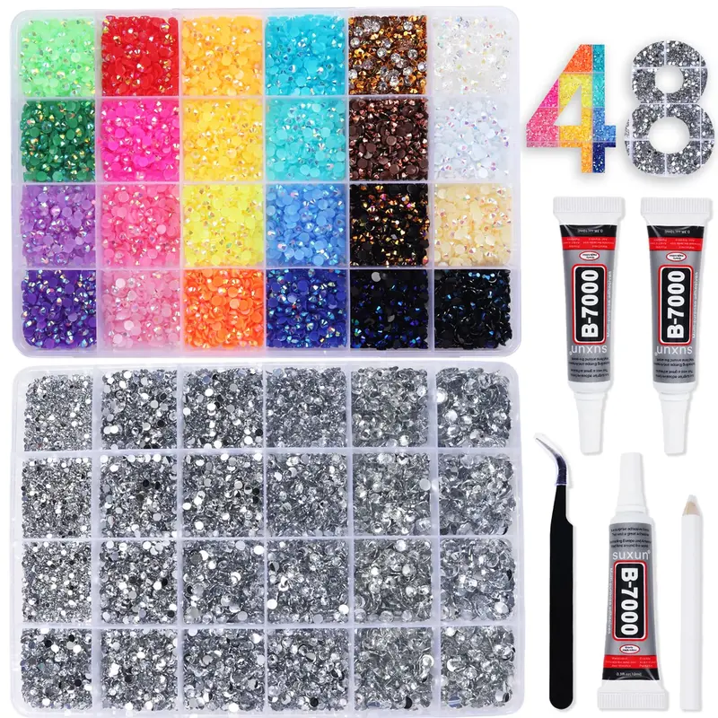 BAOYAALIN - 2 boîtes strass bedazzling multicolore 4 mm et argent clair 2-6 mm, kit bricolage avec colle B7000 10 ml