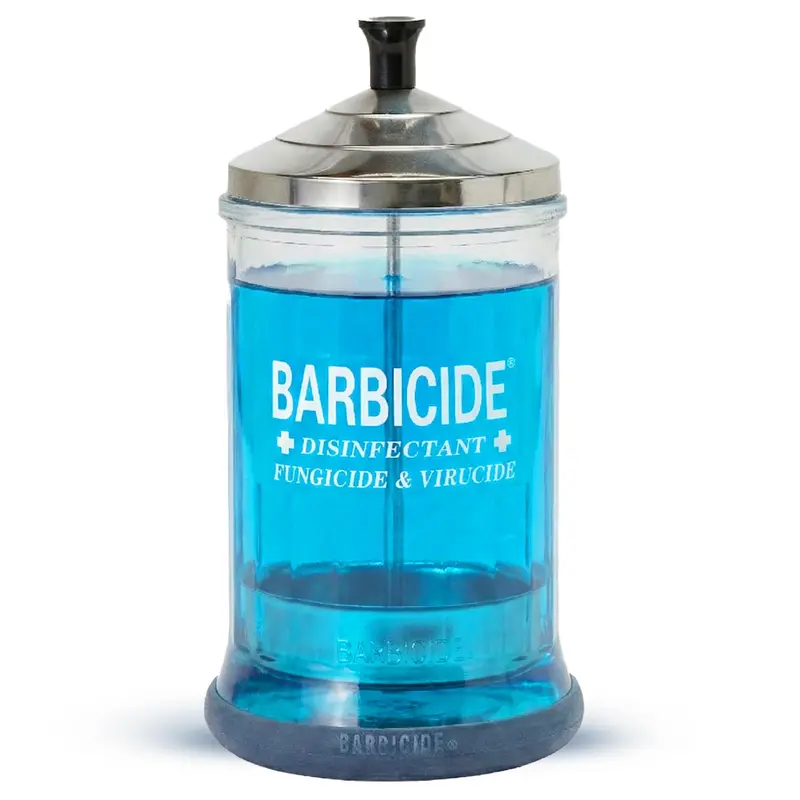 BARBICIDE Bocal d'immersion – Verre Durable avec Couvercle et Bac en Inox – Solution Professionnelle pour Ciseaux, Peignes et Outils (21 oz)