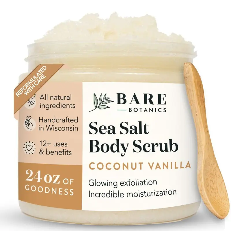 Bare Botanics Gommage Coco Vanille 24oz — Exfoliant au sel marin naturel et hydratants nourrissants | Végan et Non testé sur les animaux | Emballage prêt-à-offrir avec cuillère en bois