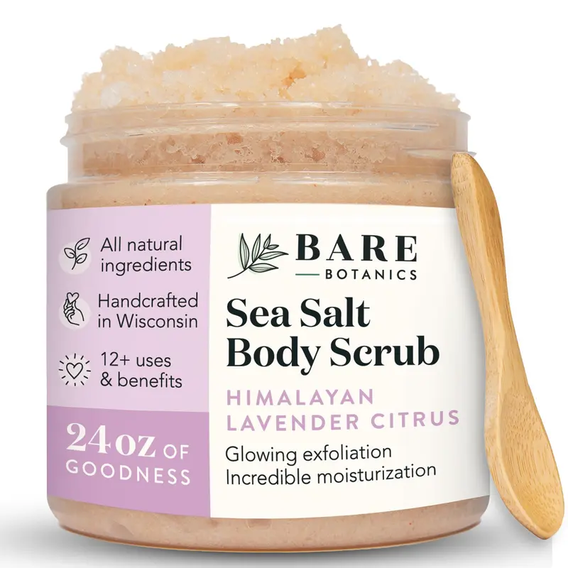 Bare Botanics Gommage Corporel 24 oz – Sel Himalaya Lavande Agrumes, Hydratants, Non testé sur animaux, Cuillère en bois