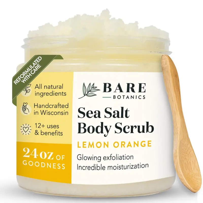 Bare Botanics Gommage Corporel Citron-Orange — 24 onces | Fabriqué à Madison, WI | Exfoliant naturel au sel marin, vegan et cruelty-free | Emballage cadeau avec cuillère en bois