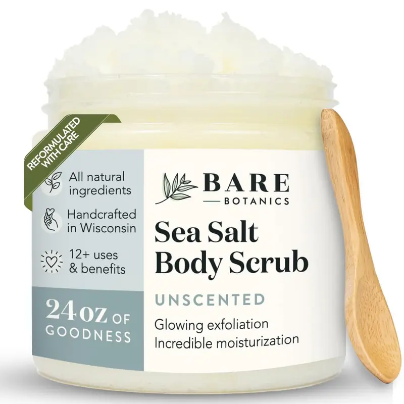 Bare Botanics Gommage Corporel Non Parfumé 24 oz – Exfoliant au Sel Marin Végan et Non Testé Sur Animaux, Fabriqué à Madison, WI