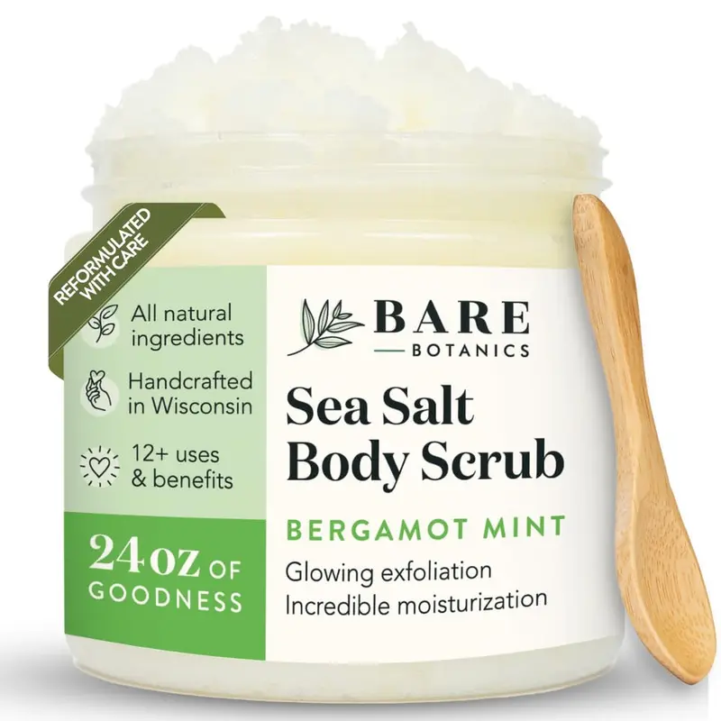 Bare Botanics Gommage Corps Bergamote Menthe 24oz — Fabriqué à Madison, WI — Végan et Sans cruauté | Emballage cadeau + Cuillère en bois