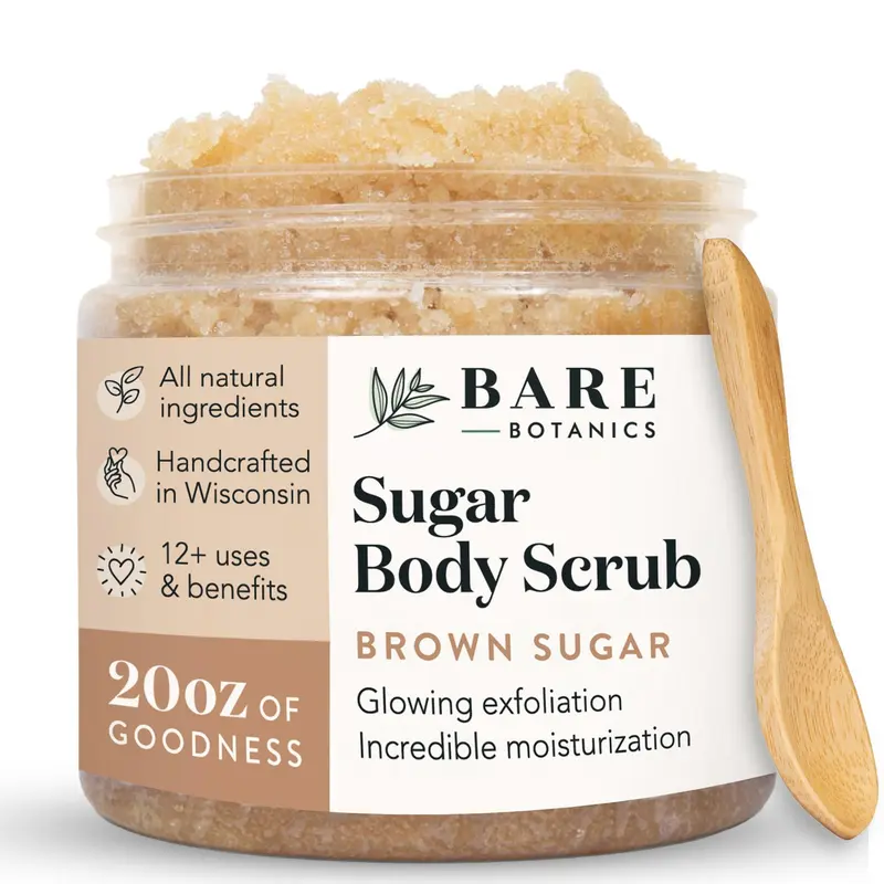 BARE BOTANICS GOMMAGE CORPS SUCRE BRUN COCO VANILLE 20oz — Hydratation Douce, Vegan et Sans Cruauté, Cuillère en Bois