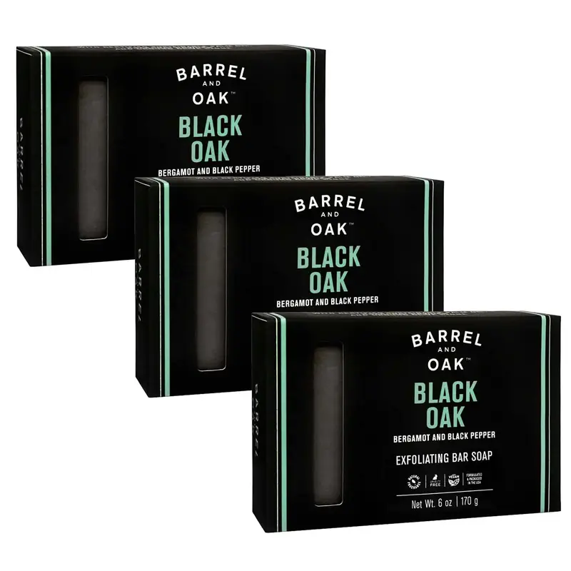 Barrel & Oak Savon Exfoliant pour Homme – Kaolin, Charbon et Poudre de Coquille de Noix | Vegan, Sans SLS | Black Oak | Lot de 3