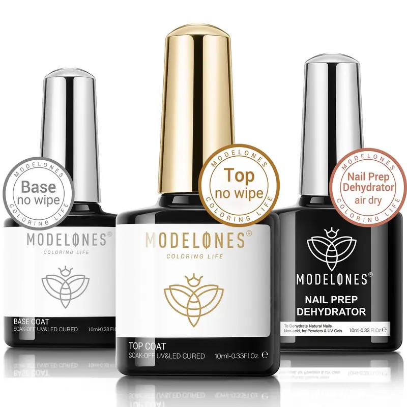 Base Gel et Couche Finale Brillante avec Déshydrateur d’Ongles – Kit Nail Art Modelones Sans Essuyage, Éclat Diamant