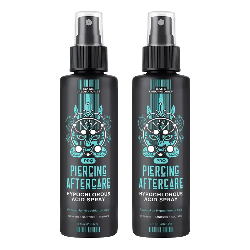 BASE LABORATORIES Soin Après Piercing Pro – Spray Acide Hypochloreux HOCl 8 oz, Solution Saline pour Piercings – Oreille, Nez, Nombril – Lot de 2