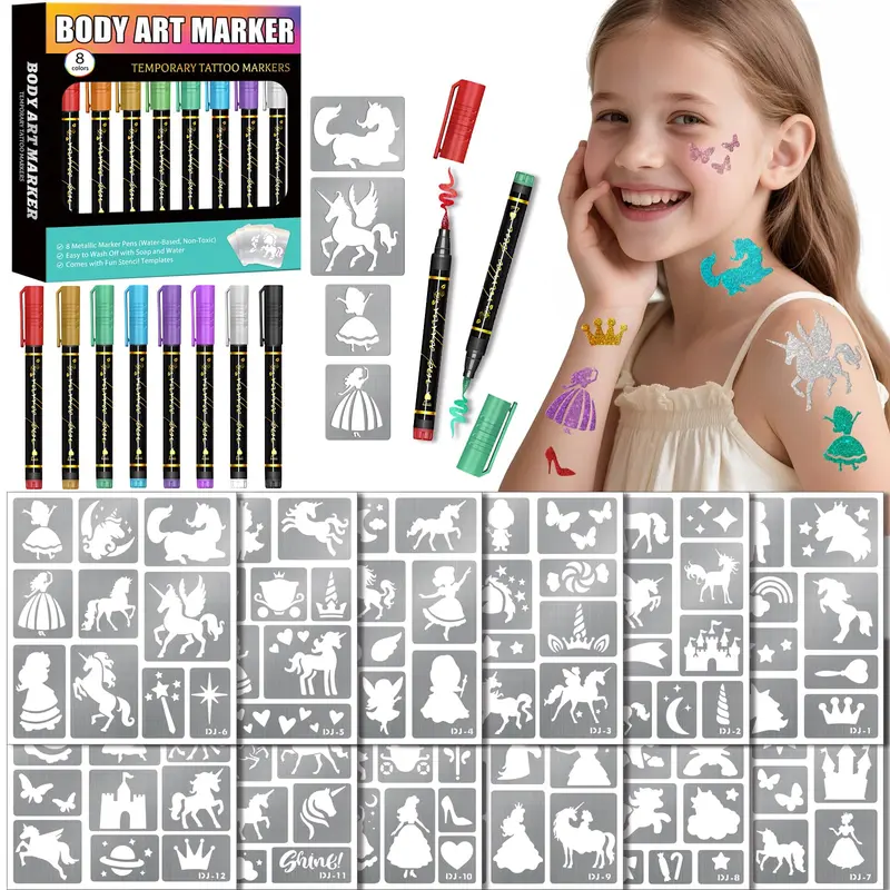 BASIFA Marqueurs Tatouages Temporaires – Kit 8 marqueurs + 142 pochoirs princesse & arc‑en‑ciel