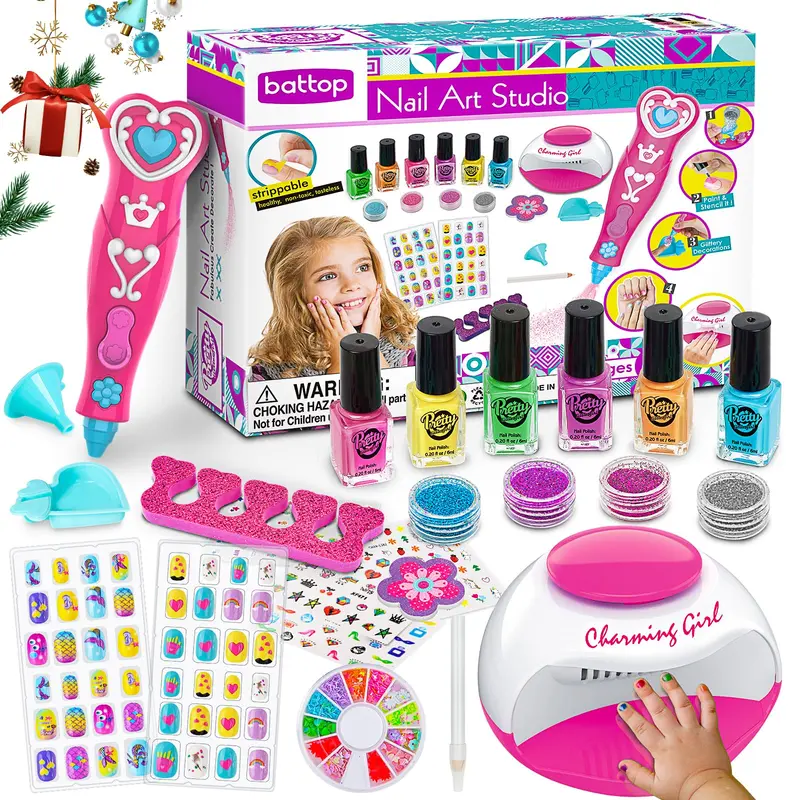 BATTOP Kit Manucure Enfant – Vernis non toxique, Sèche-Ongles et Paillettes