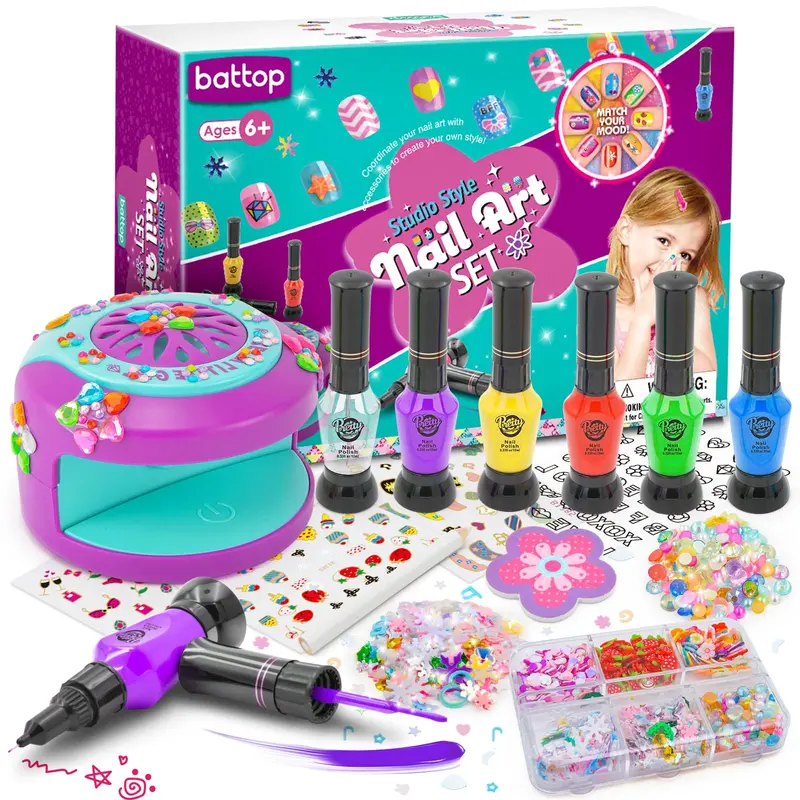 BATTOP Kit Manucure Enfants – Vernis 2-en-1, Décor 3D et Sèche-Ongles – Idée Cadeau Fille 7–12 ans