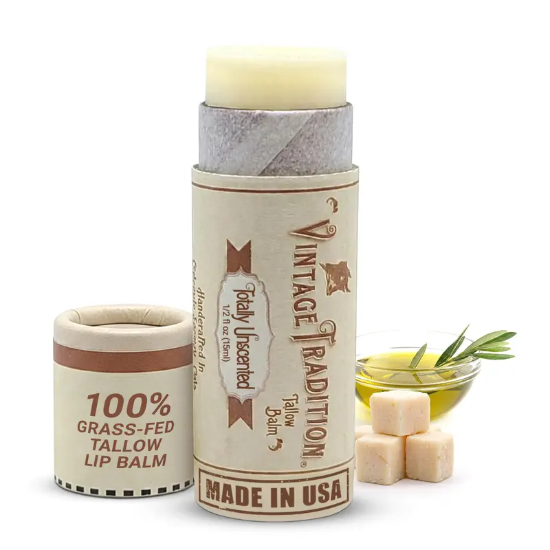 Baume à lèvres hydratant Vintage Tradition – Suif de bœuf nourri à l’herbe, sans parfum, tube pratique – 0,5 oz