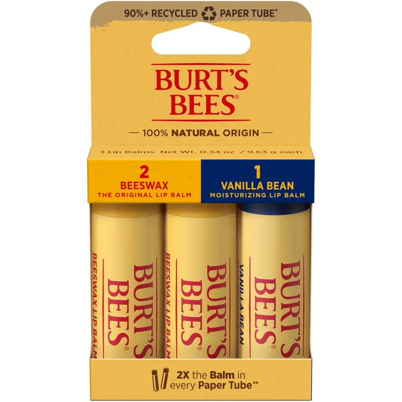 Baume Lèvres Burt's Bees Hydratant – 2 Original Beeswax + 1 Vanille, 3 Tubes en Papier, 0,34 oz chacun, Origine Naturelle