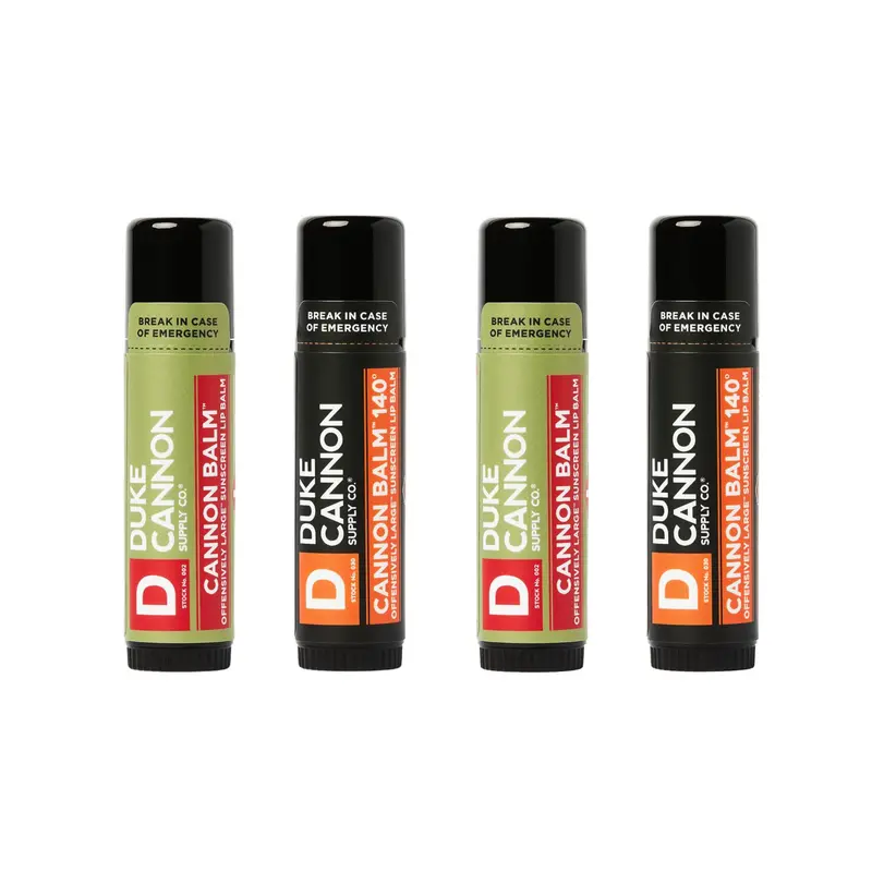 Baume Lèvres Duke Cannon 140° et Protecteur Lèvres Tactique SPF 30/15 – Lot 4 (Orange Sanguine Menthe & Menthe Fraîche)