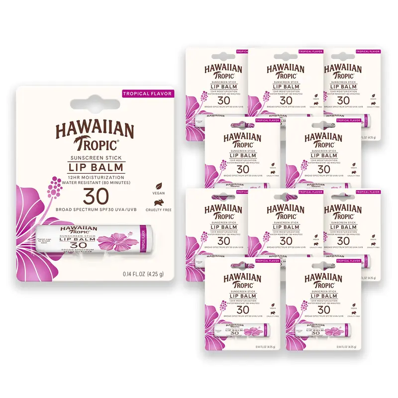 Baume Lèvres SPF 30 Hawaiian Tropic Tropical – Hydratation 12h et Protection Plage, Lot de 10