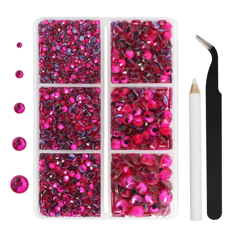 BEADSLAND Strass thermocollants rose fluo – 3960 pièces, 5 tailles SS6–SS30, kit avec pince et cire