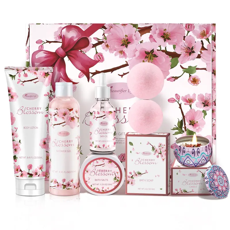 Beautifier Life Coffret Bien-Être et Bain pour Femmes – Ensemble Luxueux 7 Pièces Fleur de Cerisier Japonaise